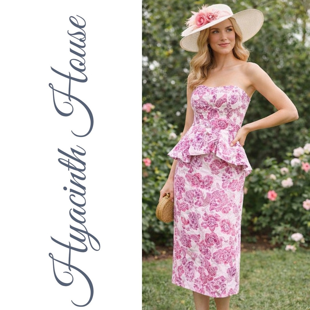 Hyacinth House Strapless Pink Floral Peplum Midi Dress‎ Toile Print XS Romantic